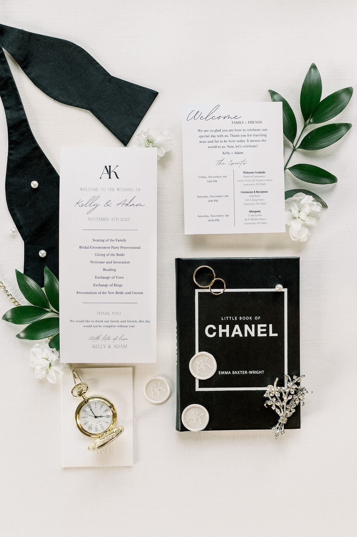 An enchanting flatlay arrangement highlighting the wedding program and sentimental keepsakes, telling the story of the day.